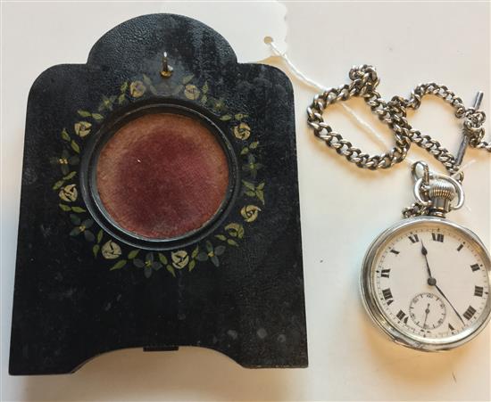 Silver open face pocket watch and Albert, with painted wood watch stand